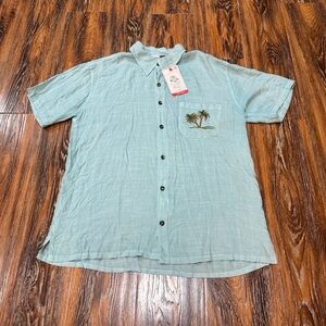 Raya Sun Size S Light Blue Green Palm‎ Tree Button Down Linen Shirt  Hawaiian